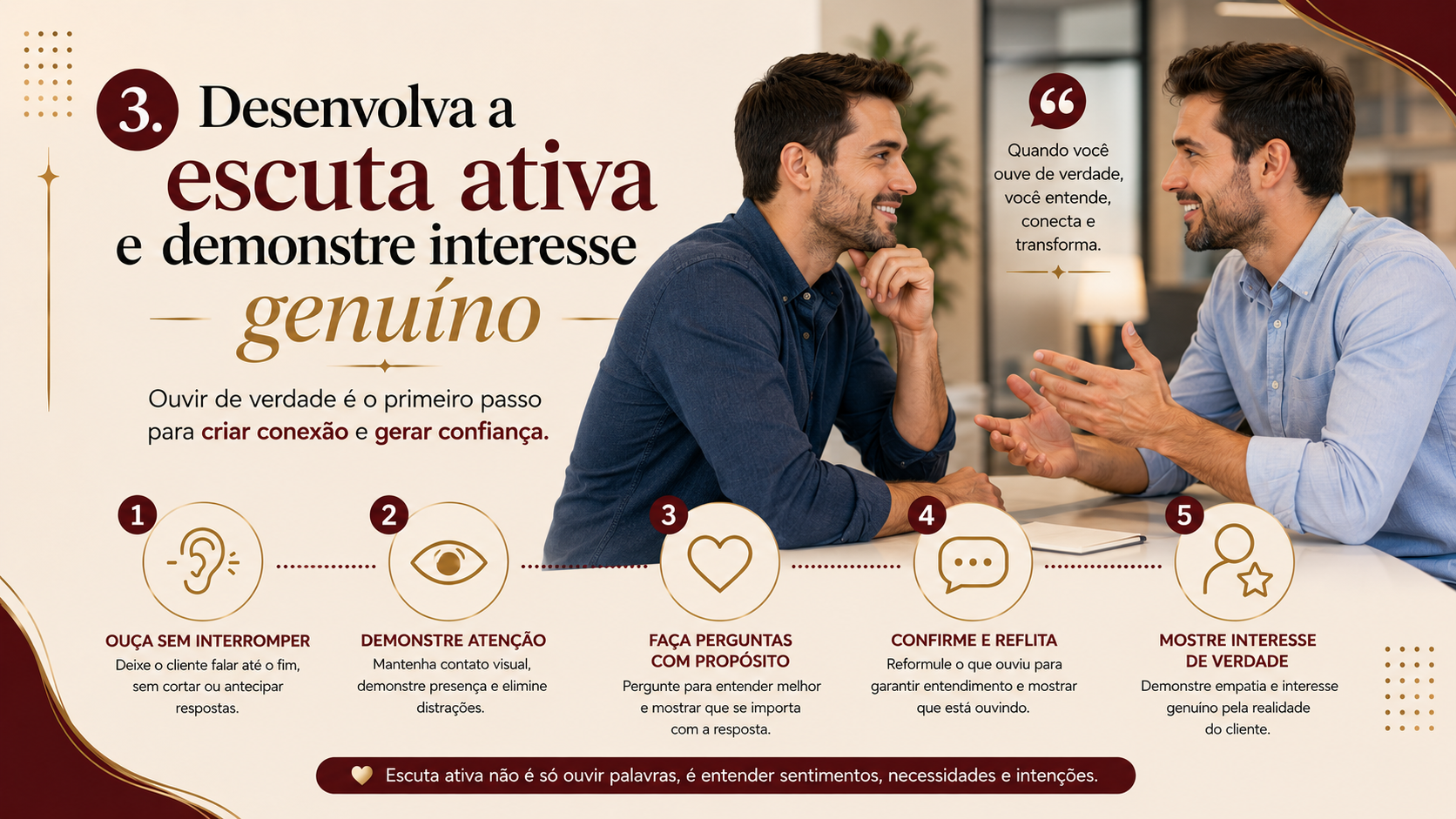 Espelhamento O Que É: E Como Fazer em 5 Etapas 3 3. Desenvolva a escuta ativa e demonstre interesse genuíno