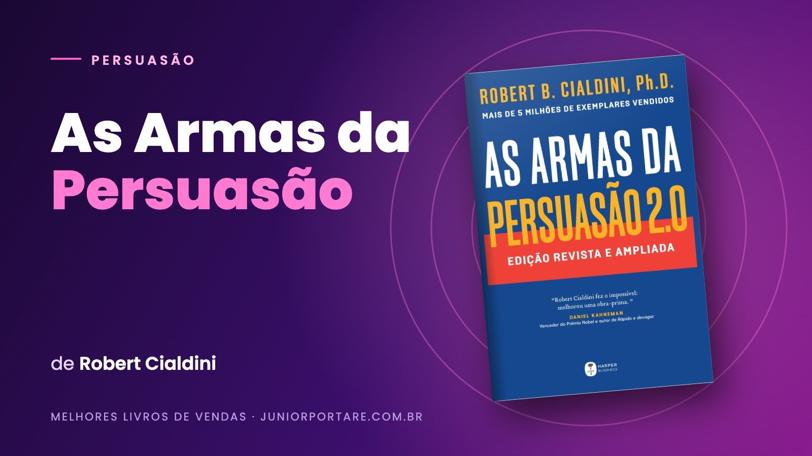 Capa do livro As Armas da Persuasão, de Robert Cialdini, em destaque sobre fundo roxo
