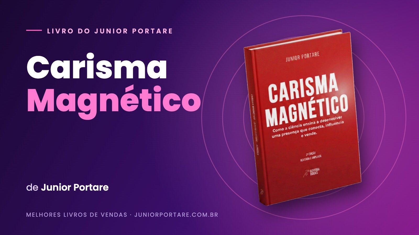 Capa do livro Carisma Magnético, de Junior Portare, em destaque sobre fundo roxo
