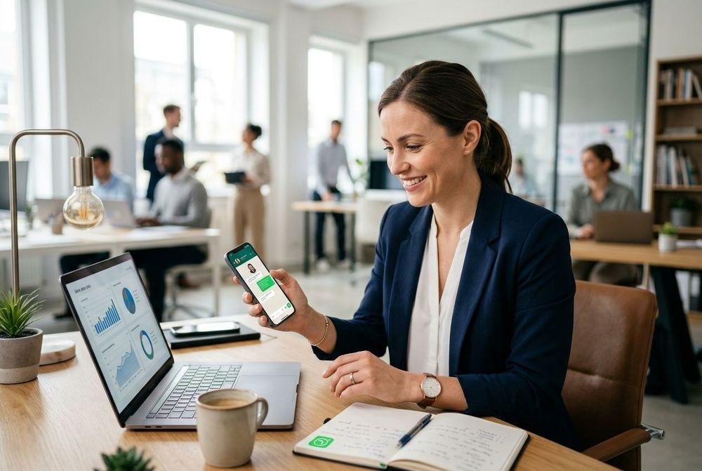 o que é prospecção de clientes pelo whatsapp mostra vendedora prospectando clientes usando o whatsapp e o computador