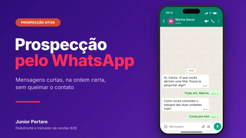 Prospecção pelo WhatsApp: capa do guia com conversa curta no celular, mensagens na ordem certa