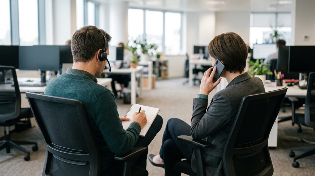 Role play de vendas em escritório: vendedor de headset anota enquanto a colega atende ao telefone